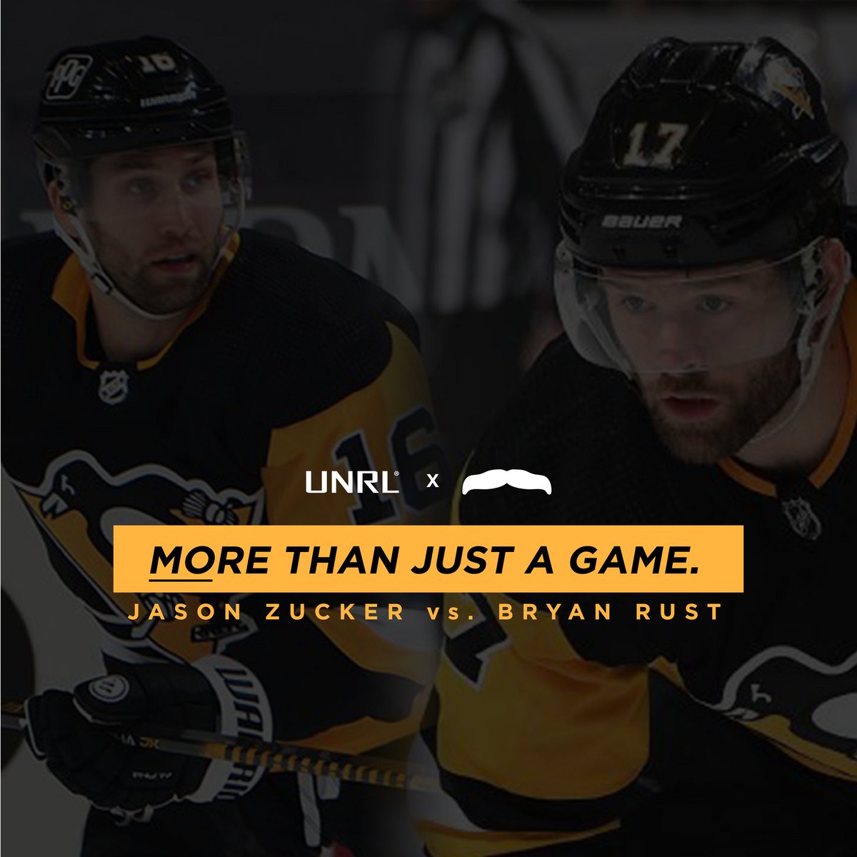 unrlco's tweet photo. [ UNRL x Movember ]

Pittsburgh Penguins players Jason Zucker and Bryan Rust are competing against each other in the Mustache Faceoff. 

The goal — Who can sell the most shirts and donate the proceeds to support @Movember and @MarioLemieuxFdn?

Shop now: https://t.co/AzVOArtWHa https://t.co/afA7RfOBLZ