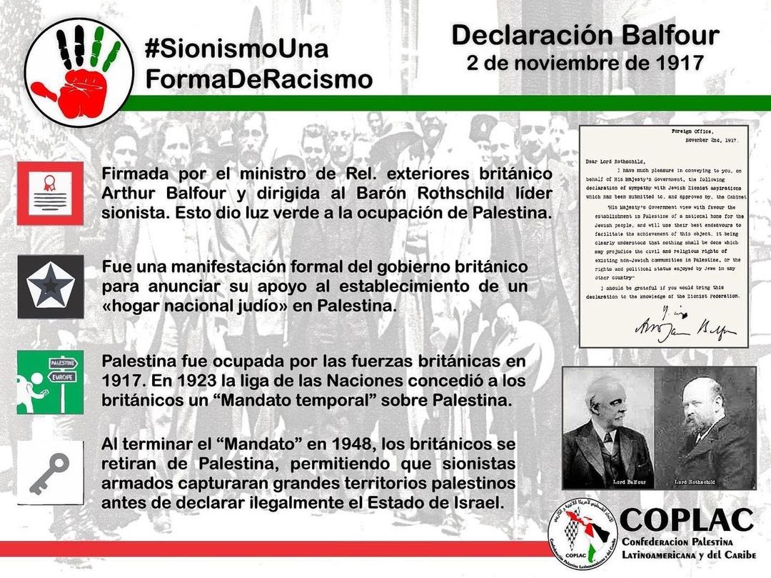 CoplacOficial's tweet photo. Declaración Balfour, 2 de noviembre de 1917.
*Firmada por el ministro de Rel. exteriores británico Arthur Balfour y dirigida al Barón Rothschild líder sionista. Esto dio luz verde a la ocupación de Palestina.

#SionismoUnaFormaDeRacismo #Coplac #declaracionbalfour https://t.co/TSj0l2NV8E