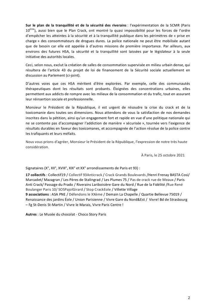Voici en intégralité la lettre que 17 collectifs, 9 associations&amp;1 théâtre ont adressée, dans une démarche citoyenne, au Président <a href="/EmmanuelMacron/">Emmanuel Macron</a> concernant la crise du crack et l’article 43 du Projet de Loi de Finance de la Sécurité Sociale <a href="/JeanCASTEX/">Jean Castex</a> <a href="/olivierveran/">Olivier Véran</a> <a href="/GDarmanin/">Gérald DARMANIN</a>