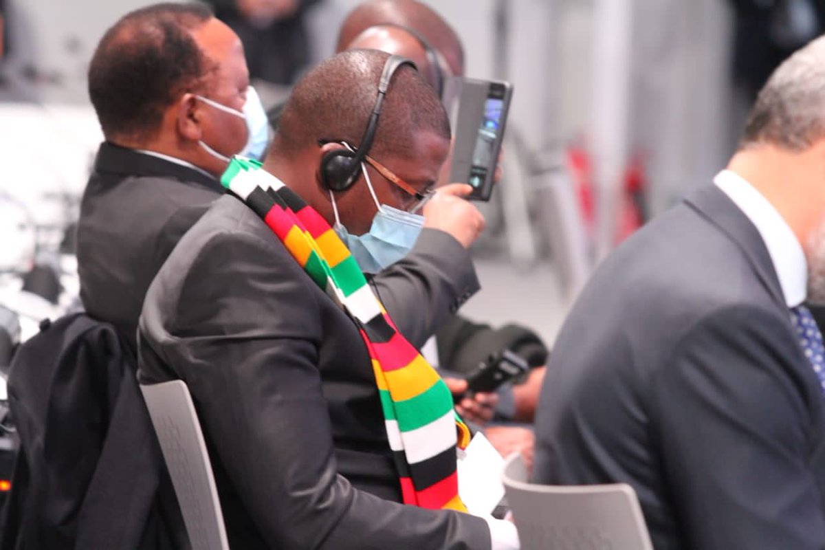 MOTHI_ZIMBABWE's tweet photo. Today,the Minister @METHI_Zimbabwe Hon N.M. Ndhlovu joined the President  @edmnangagwa at a historical event organised by UN #COP26(World Leaders Summit) in Glassgow, UK to discuss and address challenges faced through climate change and to initiate partnership opportunities. https://t.co/vBCVfPyIp3