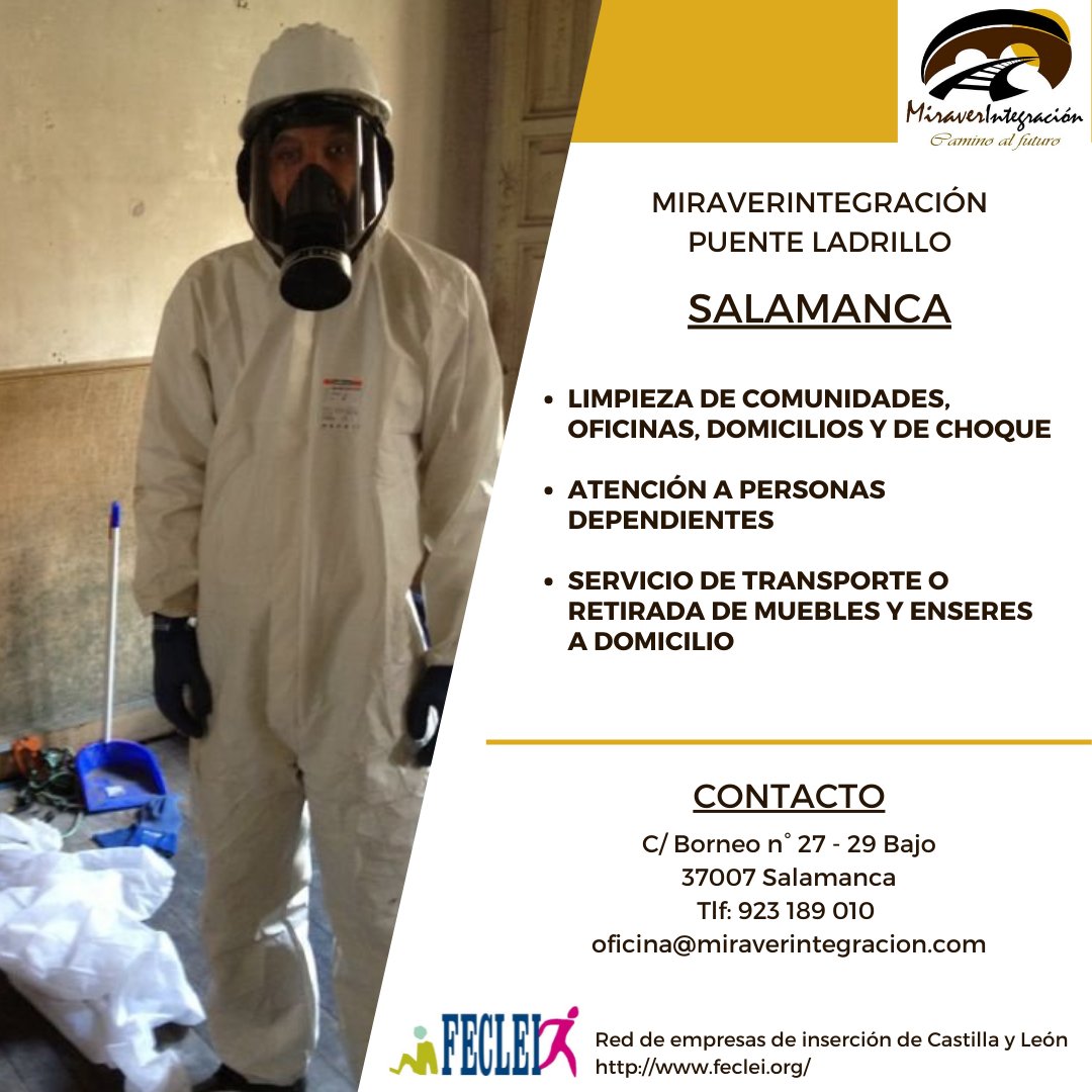 Feclei's tweet photo. MiraverIntegración Puente Ladrillo es una de las empresas integrada en FECLEI y situada en Salamanca.
Puedes visitar su página web para más información https://t.co/GWbqRt9saB y no dudes en pedir presupuesto sin ningún compromiso!
#empresasocial #Feclei #EmpresasInsercion #CyL https://t.co/9pI1rD7qoy