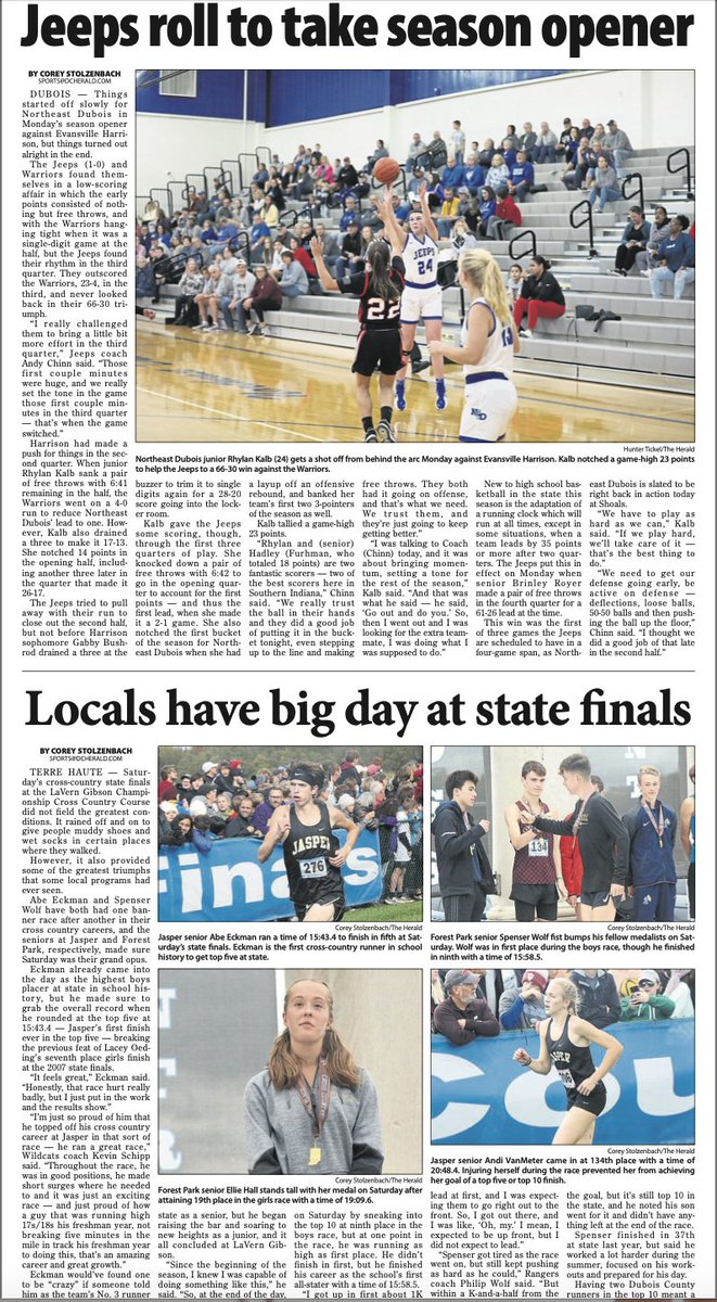 DuboisCoHerald's tweet photo. 👆 issue of the week.

•Jeeps girls hoops squad throttles Harrison in opener
•XC State Finals medalists: Spenser Wolf, Abe Eckman, Ellie Hall
•Under Wolf's wing
•NED swimming season primer

Plenty more to come from @CAStolzenbach &amp; @TheHeraldHunter https://t.co/D3Ripg9KwJ