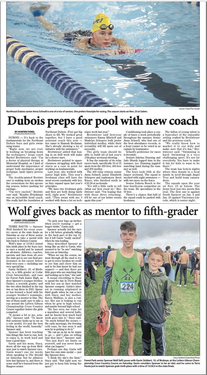 DuboisCoHerald's tweet photo. 👆 issue of the week.

•Jeeps girls hoops squad throttles Harrison in opener
•XC State Finals medalists: Spenser Wolf, Abe Eckman, Ellie Hall
•Under Wolf's wing
•NED swimming season primer

Plenty more to come from @CAStolzenbach &amp; @TheHeraldHunter https://t.co/D3Ripg9KwJ