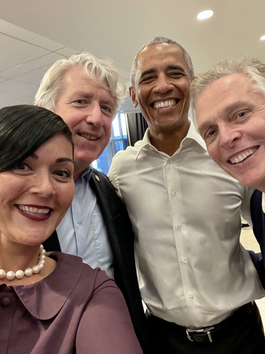 Smiling selfie of President Barack Obama, VA Attorney General Mark Herring, candidate for VA Lt. Governor Hala Ayala, and candidate for VA Governor Terry McAuliffe