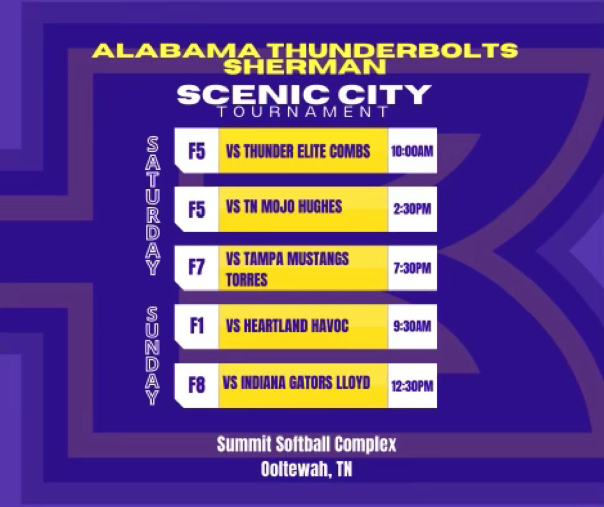 AL_Bolts2023's tweet photo. We will be playing in the Super Pool this weekend at Scenic City!! Hope to see all of you coaches at the field! 

Bolts Boom
💜💛⚡️ https://t.co/GKq1bIM8U5