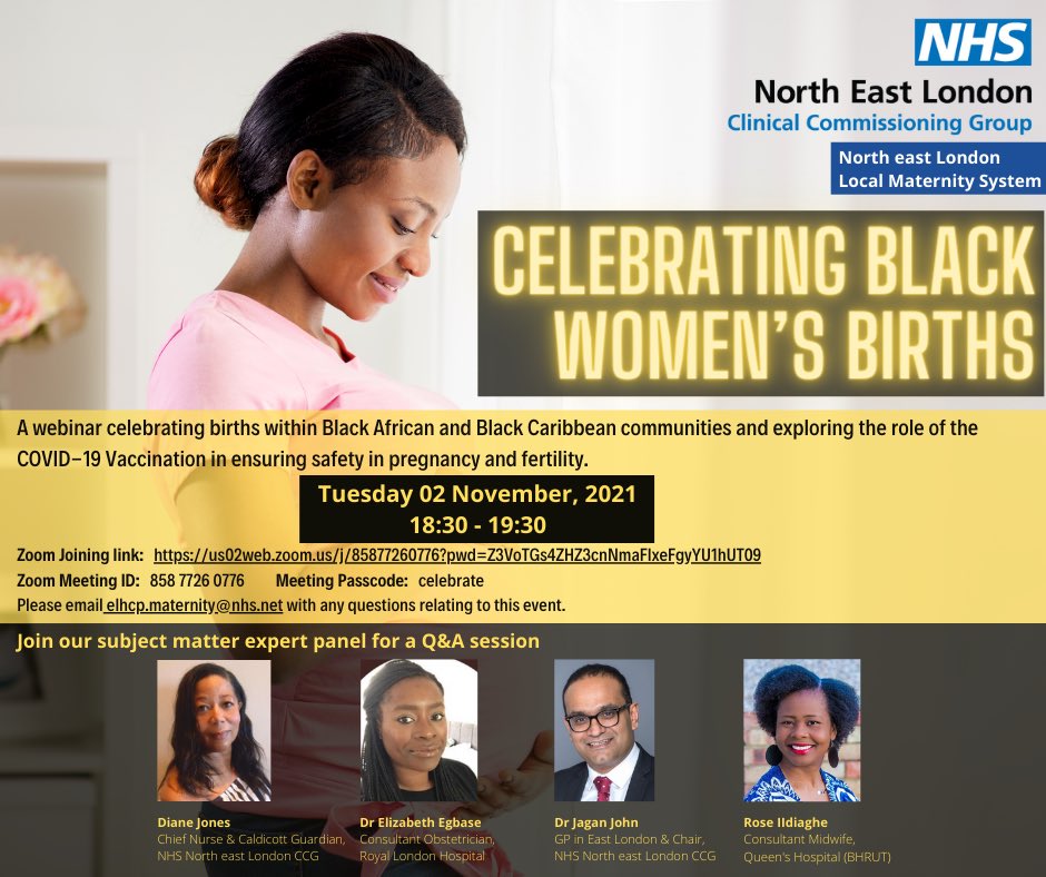 SafaMoghul's tweet photo. 📢 Join us for the Celebrating Black Women’s Births webinar TONIGHT @ 18:30-19:30, celebrating #BlackHistoryMonth #blackwomen’s births and exploring the role of the #COVID19Vaccination in ensuring safety in pregnancy  @NHS_NELCCG @NELHCP @DrLizzie2 @DrJJohn @IdiagheRosemary https://t.co/lpnqua2QiC