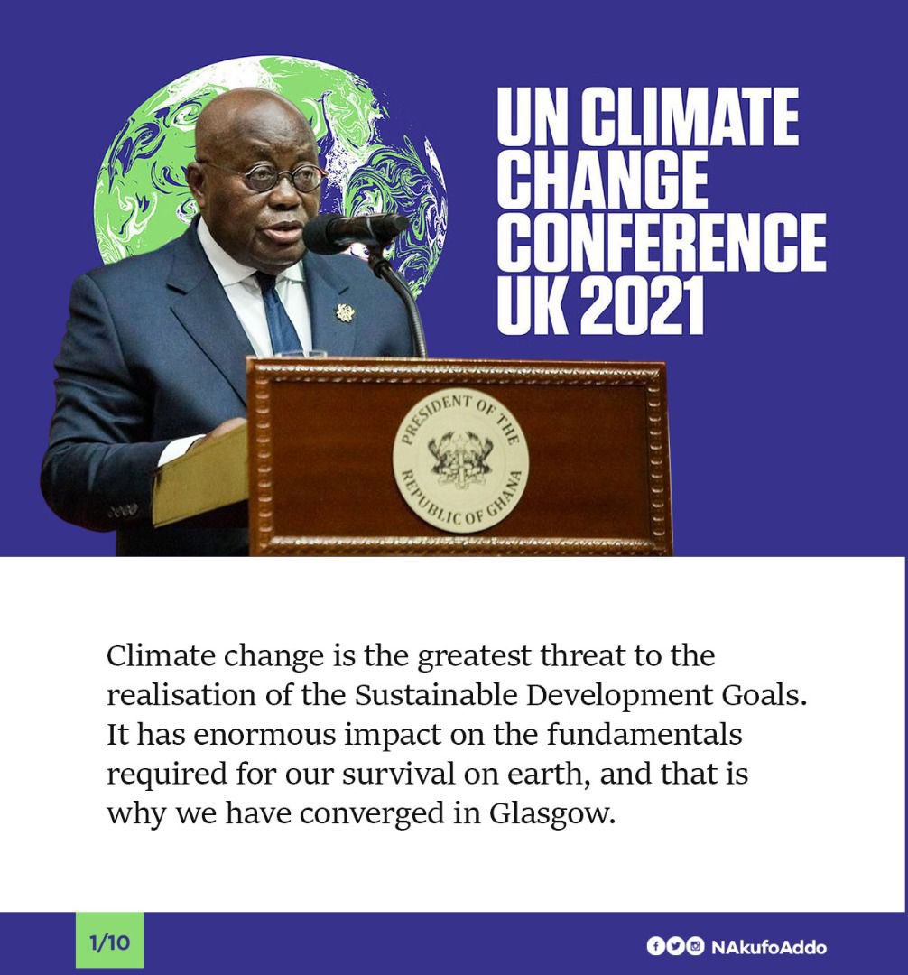 ghredd_official's tweet photo. Excerpts of @NAkufoAddo’s address at the UN Climate Change.
Ghana 🇬🇭 is making great strides with significant emission reductions initiatives that are real and verifiable.
Join Ghana’s #BeyondTheTalk #COP26 event tomorrow to learn more.
#COP26 #GhREDD #forests #Climate https://t.co/zOTHXBdzVn