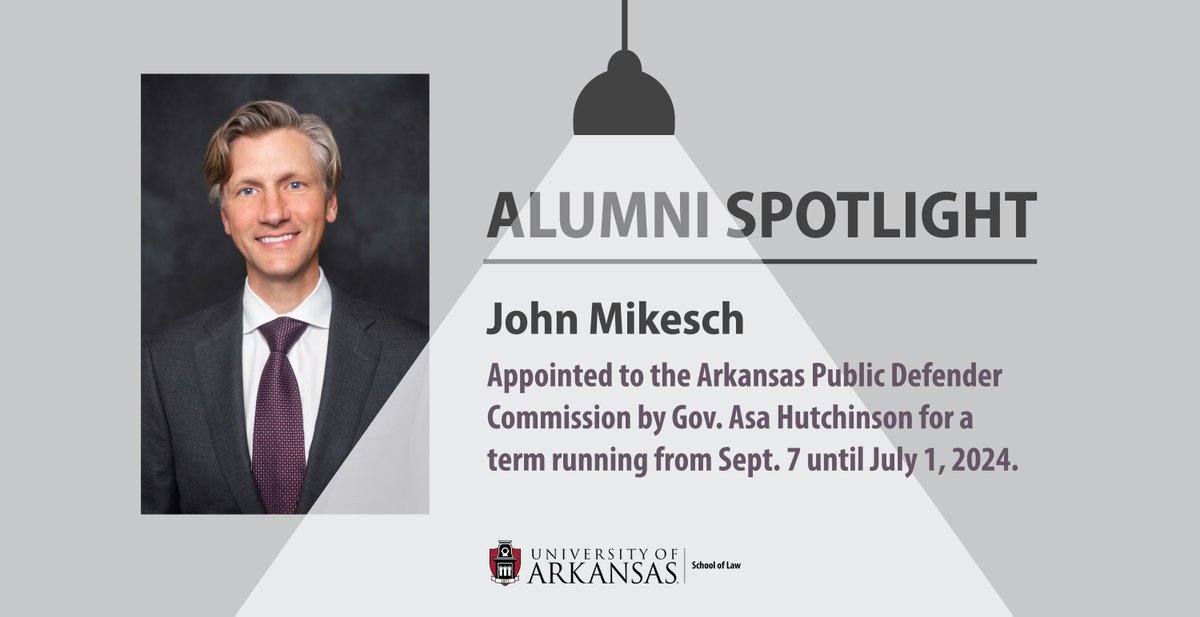 UARKLaw's tweet photo. Congratulations to #UARKLaw alumnus John Mikesch (J.D. ’00) who has been appointed to the Arkansas Public Defender Commission by @AsaHutchinson (J.D. ’75). Your alma mater is proud of you, John! @arkansasalumni @taylor_law_ #ArkansasLaw #LawHogs #UARKLaw https://t.co/39ZvnTqiDa