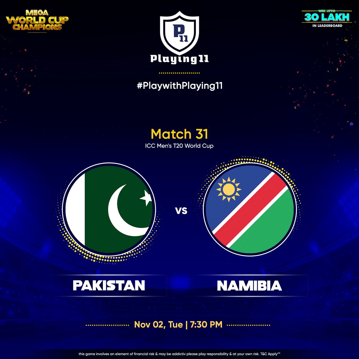 playing11app's tweet photo. Match 31 of the @T20WorldCup and the table toppers @TheRealPCB will look to seal their semi-final spot when they face @CricketNamibia today. Will it be a walk in the park for men in green or can the associate nation cause an upset? #Playwithplaying11 #T20worldcup #PAKvsNAM https://t.co/6OsxHdLsEb