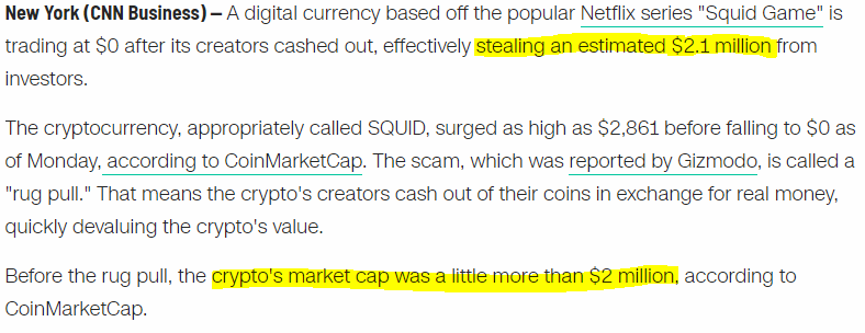 onlyyeungonce's tweet photo. @CNNBusiness might have lost a couple of zeros there... SQUID had 720k tokens x $2,861 = $2.1 trillion  market cap (theoretically, anyway)

Though what's a couple of zeroes between crypto friends these days https://t.co/w8PLLPQYaw