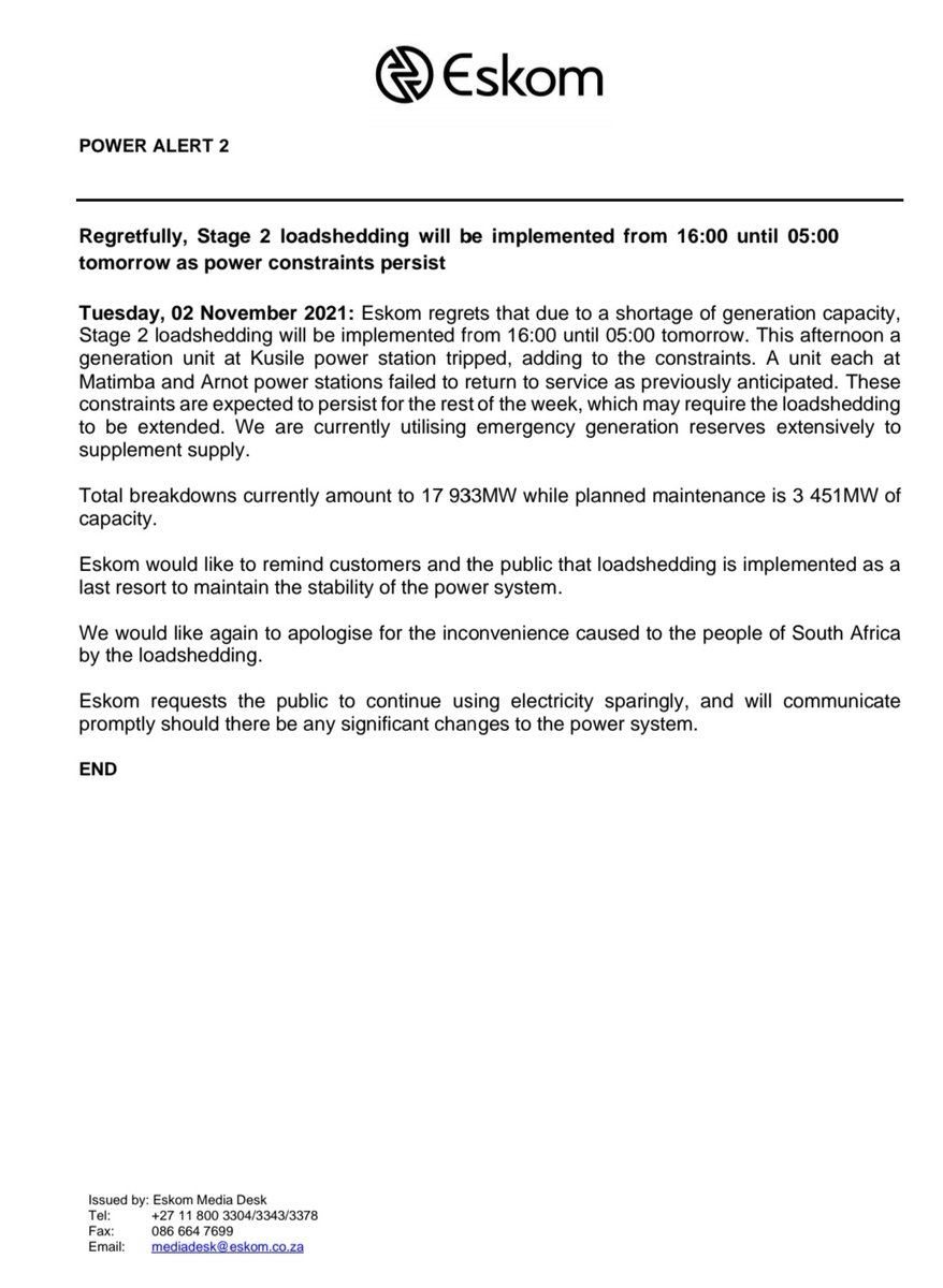It seems load shedding will be here to stay for the week as <a href="/Eskom_SA/">Eskom Hld SOC Ltd</a> announces generation constraints. Stage 2 will come into effect at 4pm today until 5am tomorrow
#Loadshedding