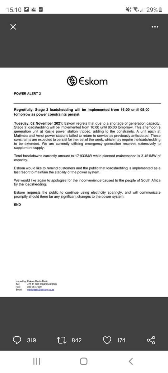 ⚠️⚠️ loadshedding update 

Stage 2 loadshedding has been announced from 4pm  today until 5am on Wednesday morning
#LoadShedding #Stage2
