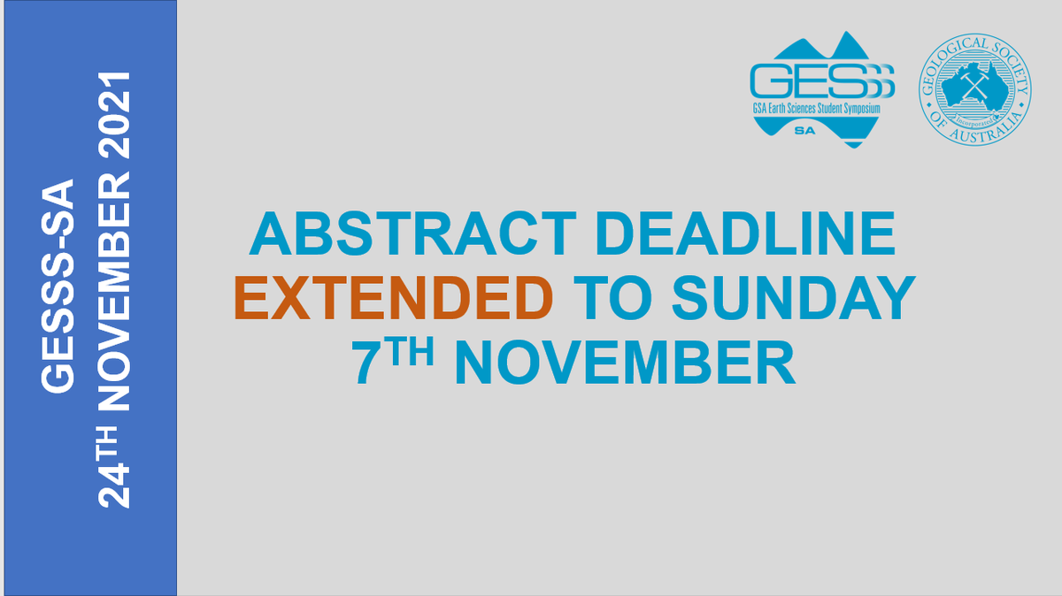 gessssouthaus's tweet photo. Good news! #GESSSSA will be extending the deadline for abstracts until the 7th of November. Email your abstracts to gesss.southaustralia@gmail.com and register at https://t.co/avxZUMkgM0

@UniofAdelaide @UniversitySA @Flinders @GeoSocAustralia https://t.co/8QdUTDeWzm