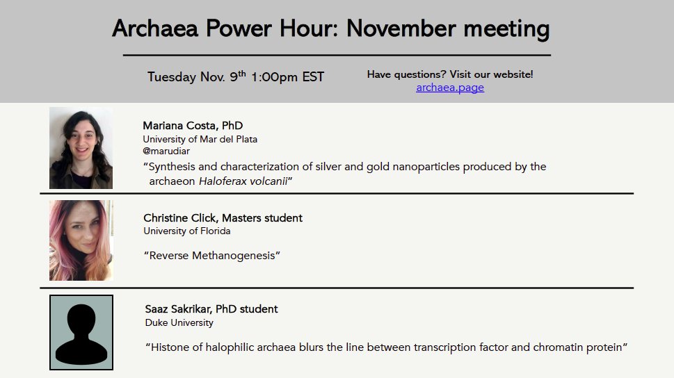ArchaeaPowerHr's tweet photo. One week! One week until our favorite Tuesday of the month arrives. We're excited to announce our speakers for this upcoming Archaea Power Hour seminar series! Join us next Tuesday, November 9 at 1 PM EST. Zoom link will be sent over our listserv email as usual. https://t.co/1t0FvLMfa9