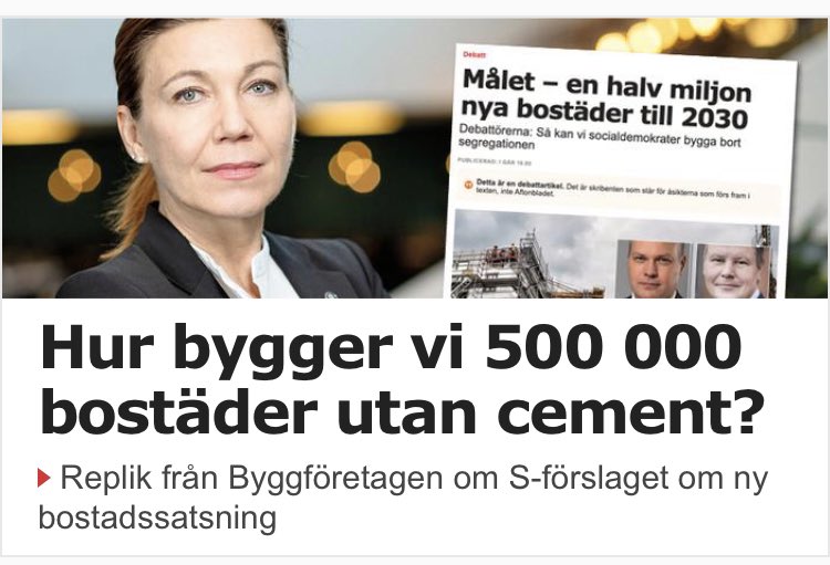 🏗 ”Vi ser med förvåning hur <a href="/socialdemokrat/">Socialdemokraterna</a> lovar 500 000 nya bostäder,när våra medlemsföretag undrar hur pågående projekt ska kunna avslutas.”

Vår näringspolitiska chef <a href="/tanjarasmusson/">Tanja Rasmusson</a> i <a href="/Aftonbladet/">Aftonbladet</a> 

#svpol #bopol #cementkris 

aftonbladet.se/a/Wj825L