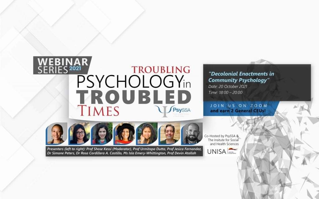 PsySSA_'s tweet photo. Did you miss our fourth webinar of our 2021 Webinar Series, Decolonial Enactments in Community Psychology ?

Don’t worry, watch it now on our YouTube Page!

Visit our website to watch this recording now: https://t.co/cdTzD6v4Lo

#troublingpsychologyintroubledtimes https://t.co/2F5gt0aCkO
