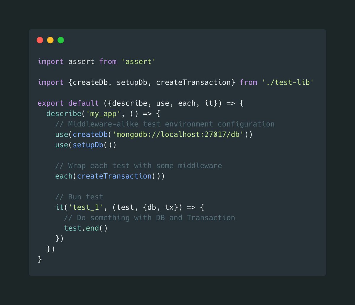 rumkin's tweet photo. @sitnikcode @lukeed05 Take a look at TestUp, it supports everything other test runners do, but also it allows developers to create modular tests by using express-alike middlewares. And it unties test scripts from the test runner module itself.

https://t.co/KZtZS3BIAk https://t.co/SRLigm0wru
