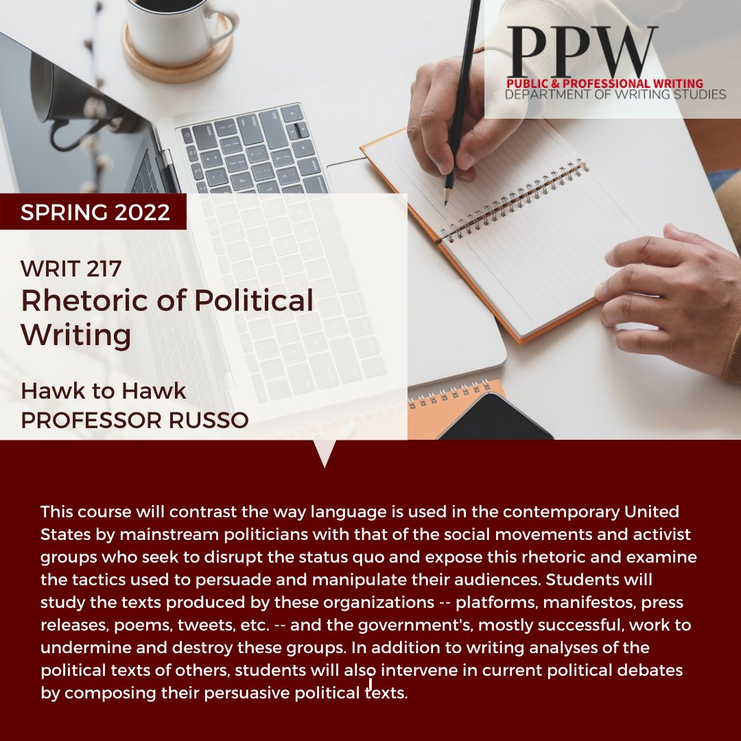 MontclairWRIT's tweet photo. Interested in learning about writing in the world of politics? Check out Rhetoric of Political Writing with Professor Russo! #politicalwriting #msuppw #publicandprofessionalwriting #msuwriters #ppw https://t.co/2v7ggTW3tU
