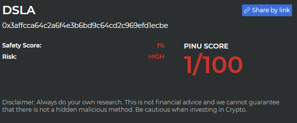 PinuScanner's tweet photo. 🚨🚨🚨 $DSLA #DSLA Holders!
This coin scored a 1/100 on @InuPirate $PINU contract scanner looking for malicious functions and dangerous code

Proceed with caution as this is probably not the next $DOGE $SHIBA $ELON $FLOKI $VRA
Join TG to learn more https://t.co/CLNdr7ybTZ https://t.co/KwXqzrIeFH