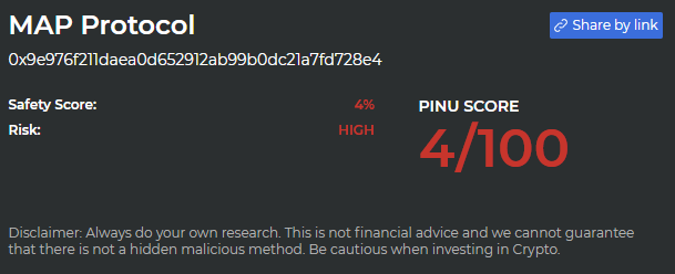 PinuScanner's tweet photo. Warning $MAP #MAP Investors!🚨
This coin just scored a 4/100 on @InuPirate $PINU contract scanner looking for malicious functions and dangerous code

Proceed with caution as this is probably not the next $DOGE $SHIBA $ELON $MI $VRA
 
Join TG to learn more https://t.co/CLNdr7ybTZ https://t.co/0GbSfW6CGn