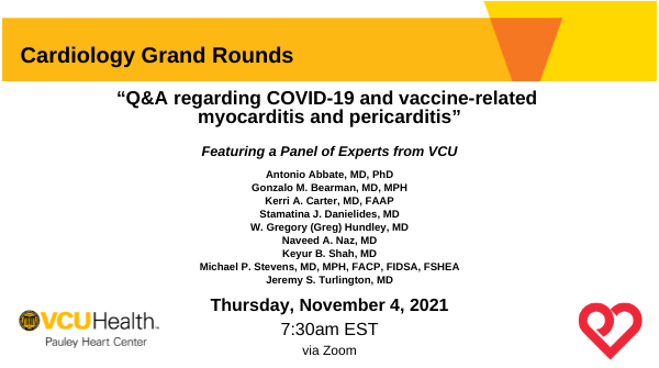 VCUHealthHeart's tweet photo. 👏🏾#CME &amp; #MOC opportunity
📕 Cardiology Grand Rounds
“Q&amp;A regarding COVID-19 and vaccine-related myocarditis and pericarditis"
➡️ Featuring a Panel of Experts from VCU 
➡️ Thursday, November 4, 7:30A 
Registration:
https://t.co/gudbPIuiIf https://t.co/iwRYRoGUH1