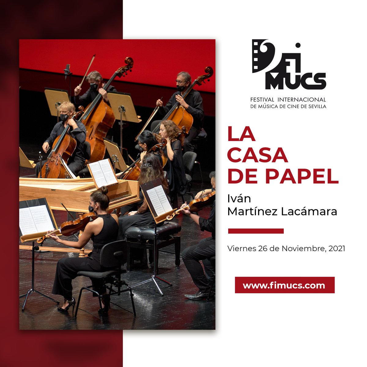 SevillaROS's tweet photo. ⌛¡¡Ya queda menos para el Festival de Cine Internacional de la Música de Cine de Sevilla @fimucs!!
🔸El 26 de Noviembre interpretaremos la suite de "La casa de papel" creada expresamente para #FIMUCS por el compositor Iván Martínez Lacámara.
🎼Música, cámara... ¡¡ACCIÓN!! https://t.co/XvFn9GhT9e