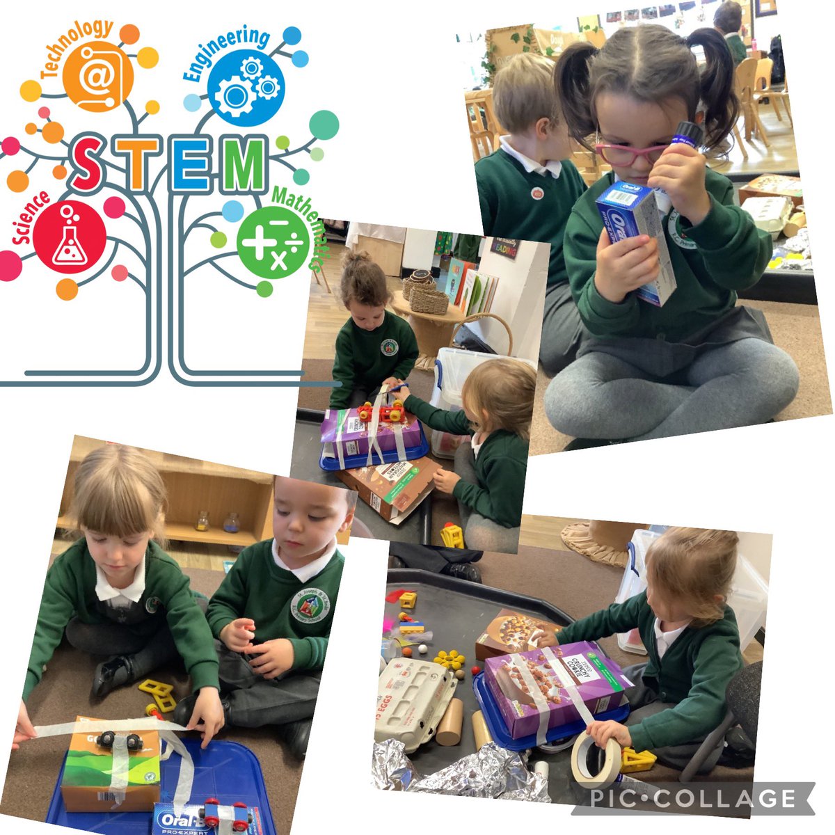 We have had a fantastic start to our #STEM week at #sjsb 😃In #EYFS we have redesigned the dinner tray to have wheels to make it easier to take our food back to our table.  #SJSBSTEM