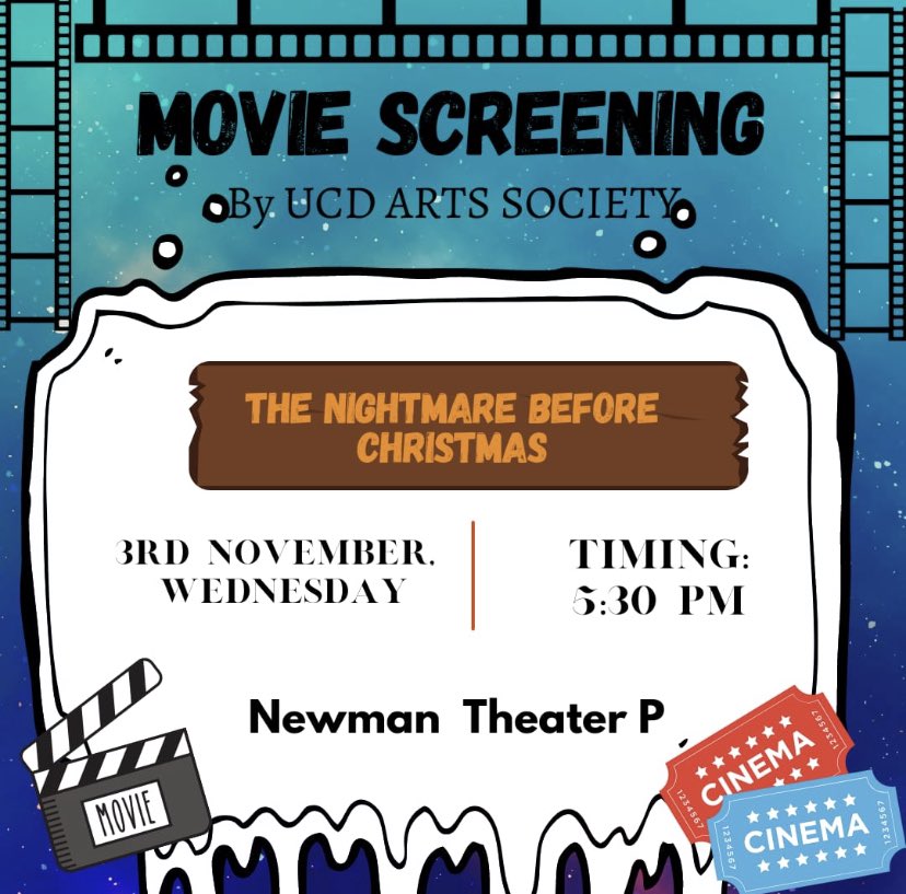 ucdartssoc's tweet photo. John us for a screening of The Nightmare Before Christmas tomorrow at 5:30 in Newman Theatre P! #ucdsocieties #ucdartssoc #ucdarts #artssoc #ucd #movie #christmas #Halloween https://t.co/eVUgqR2S1W
