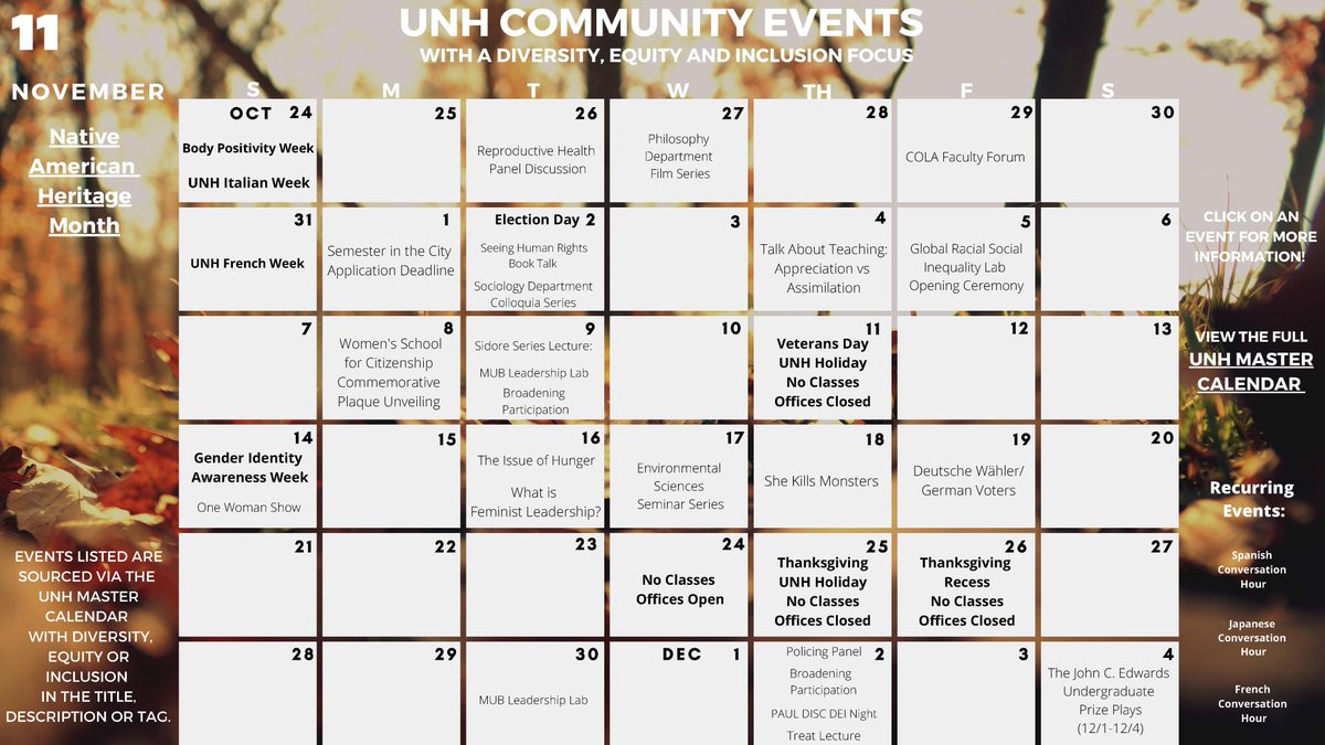 UNHSAS's tweet photo. Happy Fall, #wildcats! Check out what's going on around campus this November! https://t.co/RRqAF0uKOI