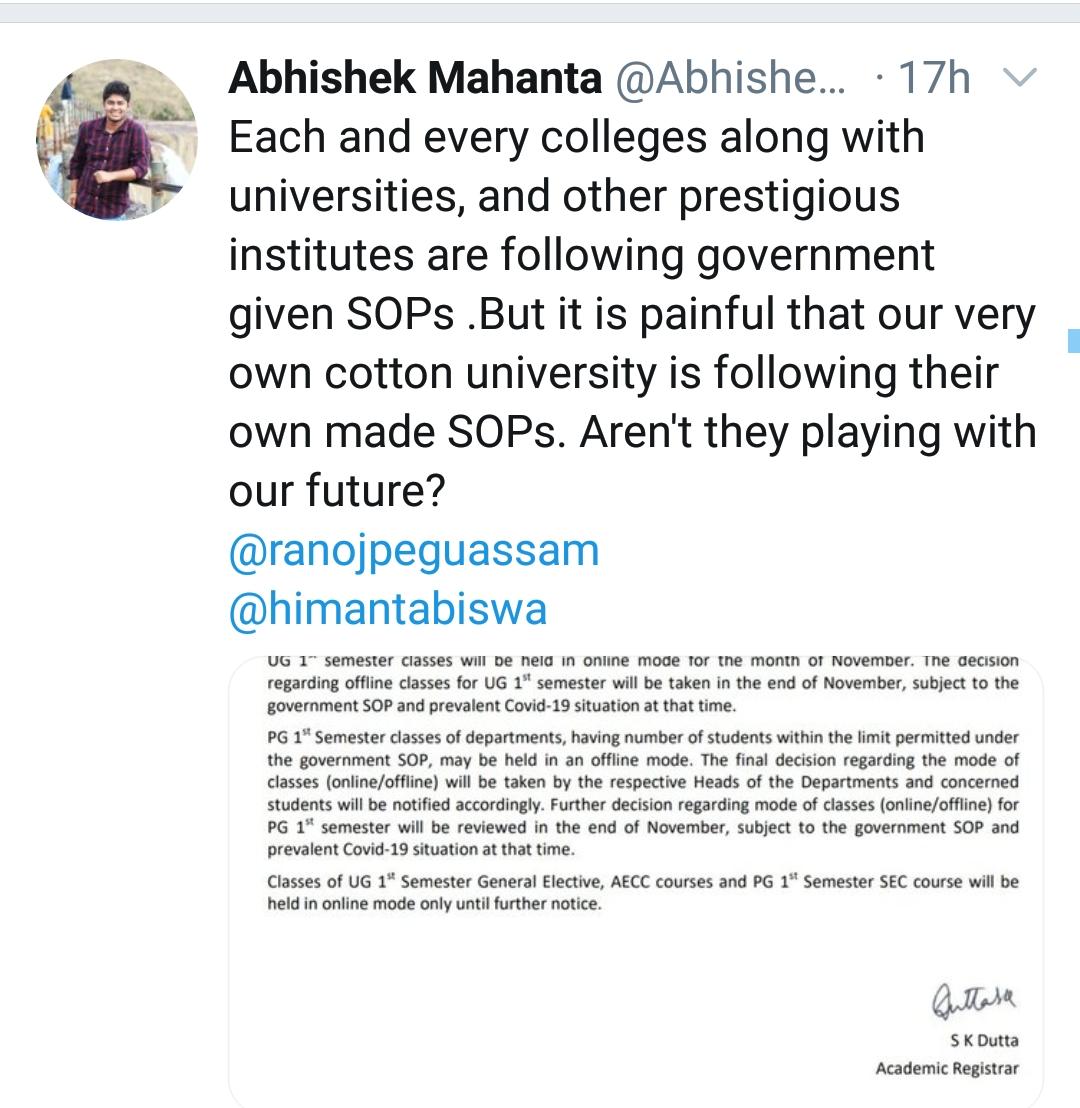 Rajashree_1211's tweet photo. Since most of the colleges and schools has already started the offline classes and online classes becomes inconvenient at times, I would like to request Cotton university to resume offline classes. 
#cottonuniversity
#resumeofflineclasses 
@himantabiswa 
@ranojpeguassam https://t.co/6AQNN2WsLy