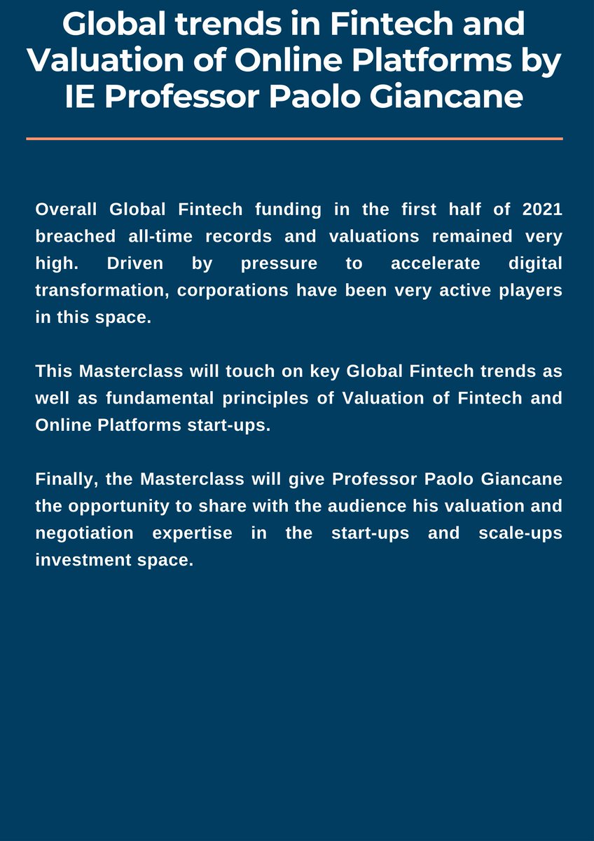 ESCCKorea's tweet photo. On November 11 our Corporate Member @ieuniversity organizes, in collaboration with the Spanish Chamber of Commerce, the webinar "Global Trends In Fintech And Valuation Of Online Platforms" by professor Paolo Giancane. Register now: https://t.co/KKUuYXIRsj https://t.co/KYBcU9qk8l