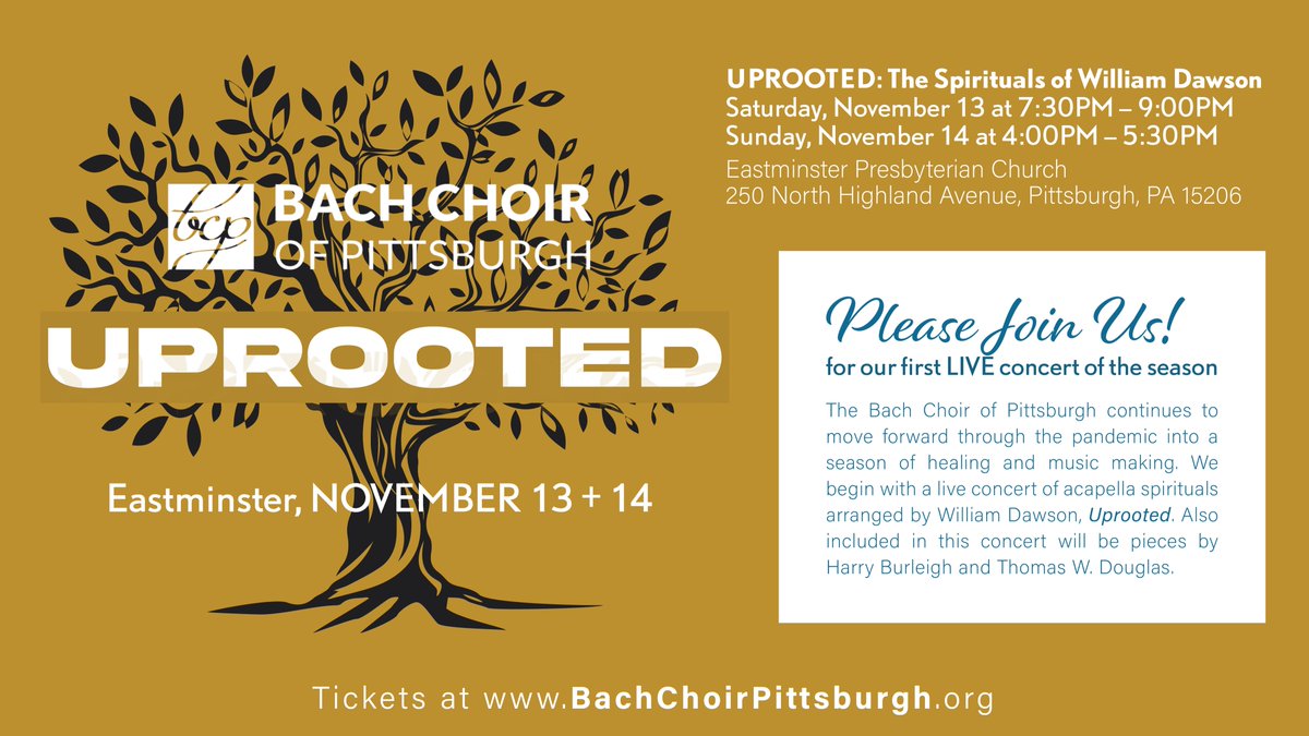 BachChoirPgh's tweet photo. Our first LIVE performance of the 2021-22 Season is about 10 days away! Join us at Eastminster Nov. 13 + 14 for "UPROOTED: The Spirituals of William Dawson." Tickets are available via our website at https://t.co/A3pmcuglTl We invite you to join us for acapella spirituals! https://t.co/00rHzRwUZP