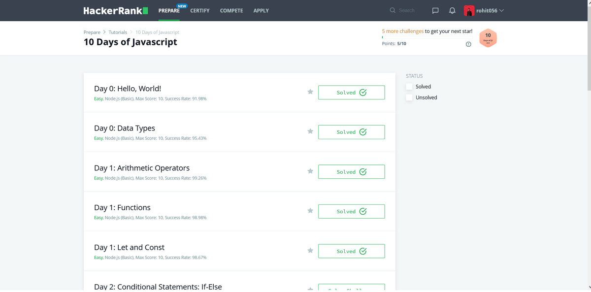 itsRohitTewari's tweet image. Day 2 of #10DaysOfJavaScript
Problems solved on @HackerRank:
- Arithmetic Operators
- Functions
- Let and Const
#JavaScript #CodeNewbie #learning