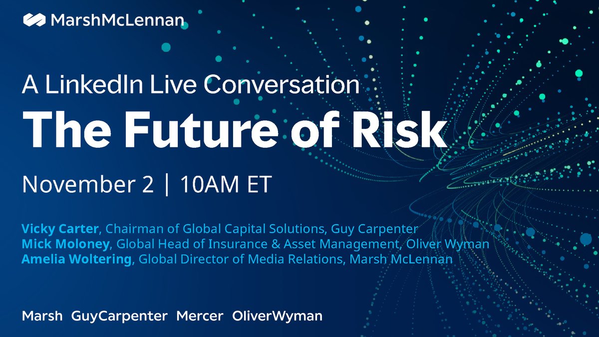 OliverWyman's tweet photo. STARTING SOON: Join @MarshMcLennan for a LinkedIn Live on the Future of #Risk with Vicky Carter from @GuyCarpenter, Mick Moloney from Oliver Wyman & Amelia Woltering from Marsh McLennan today at 10AM ET here > https://t.co/Ve9yfyngf8 #MM150 #OWFinancialServices #insurance https://t.co/0NwXpn69k8