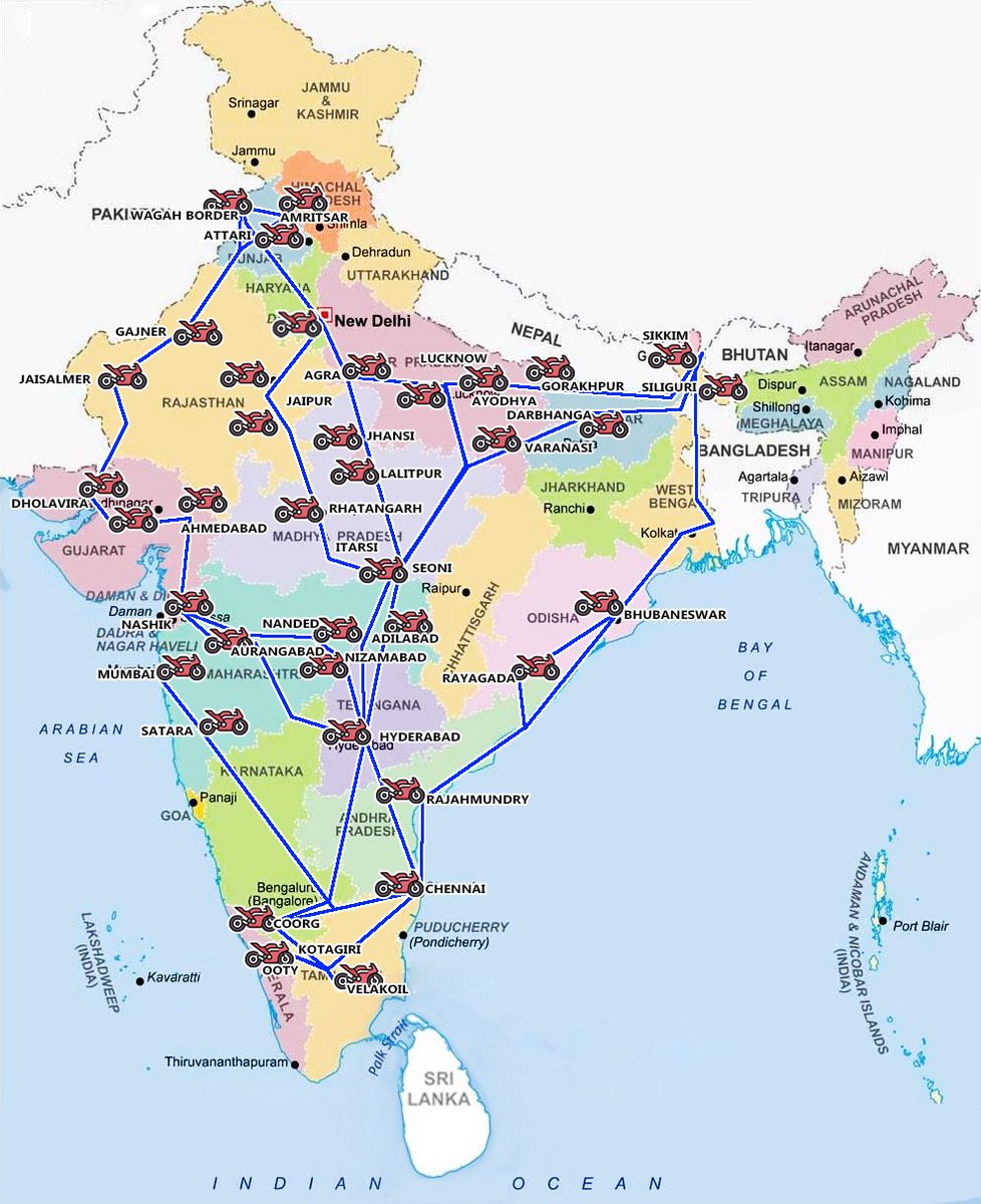 suprej's tweet photo. Map of places travelled on motorcycle by Thala #AjithKumar over the last 10 months in 3 stages! https://t.co/ibZsGEEzXh