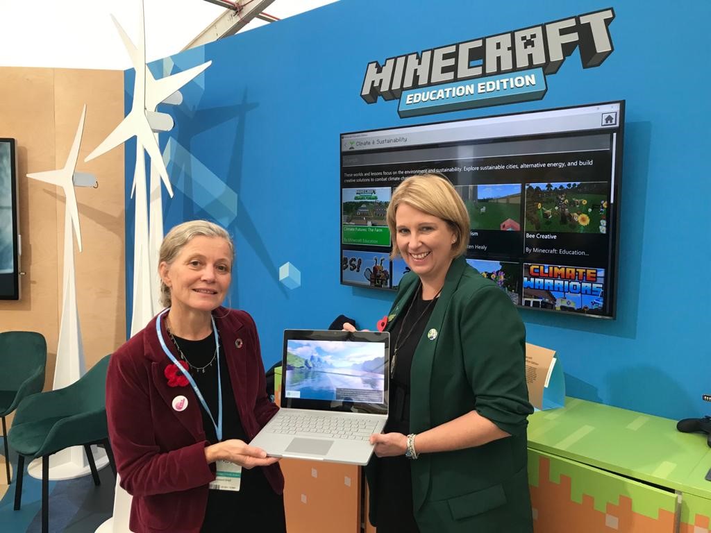 EmmaHowardBoyd's tweet photo. Fantastic to visit the @microsoft stand in the Green Zone at #COP26 with @K_Fletcher_MP for a preview of the Preston World in Microsoft Minecraft. Based on the £55M flood scheme, young people can embrace #STEM subjects and learn about flood risk &amp; climate change - launching soon! https://t.co/ITXq1A7M6r