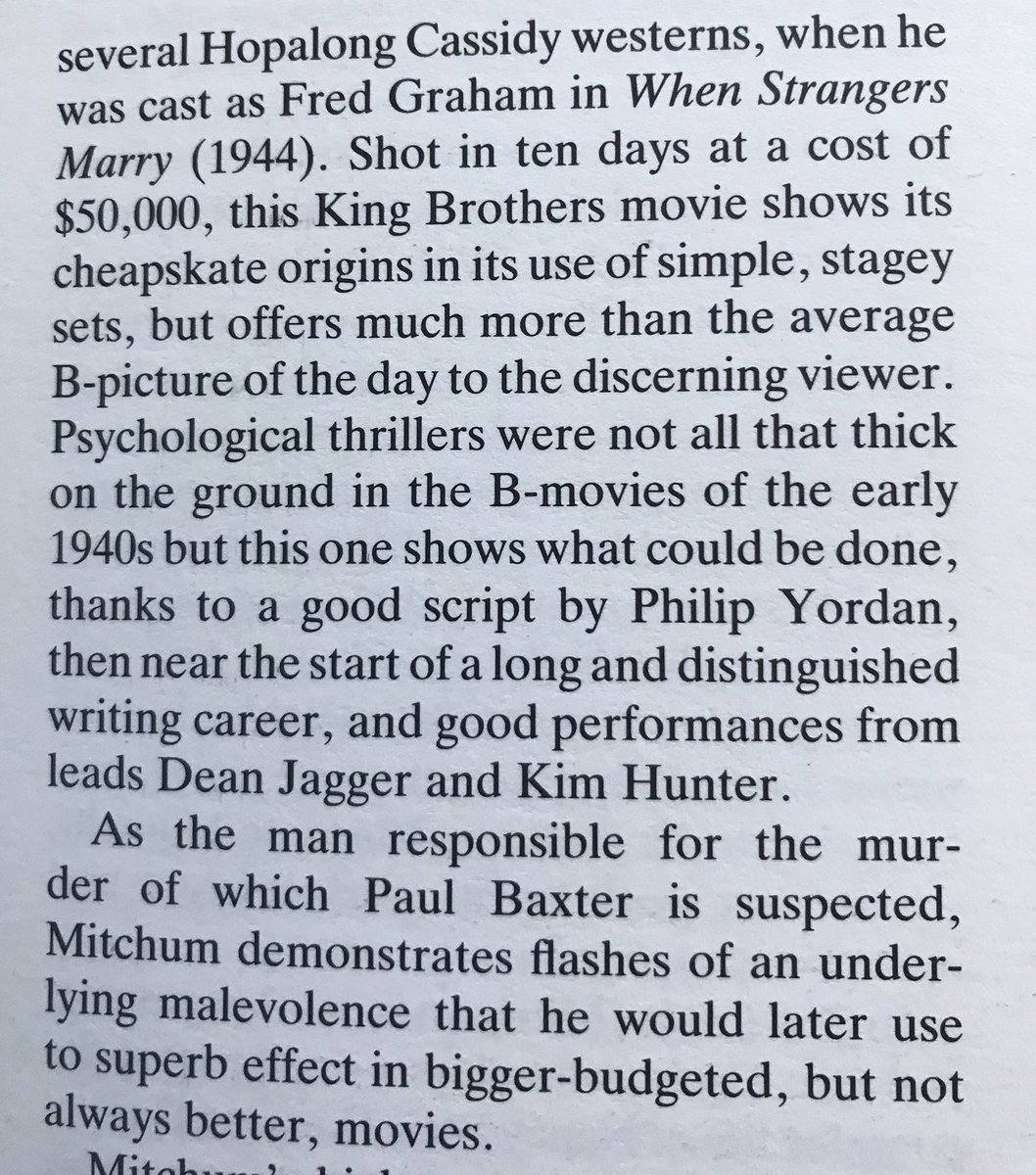 FilmFan1971's tweet photo. Here’s Bruce Crowther’s write-up of the film from Film Noir: Reflections in a Dark Mirror. It’s from the section on Mitchum’s career. Contains spoilers. #Noirvember #WhenStrangersMarry https://t.co/WrXlLXGAp8