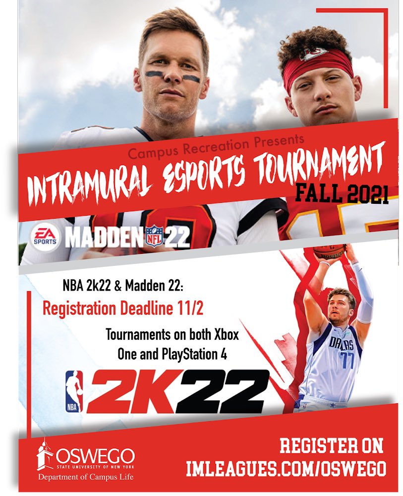 oswegocampusrec's tweet photo. Esport leagues registration deadlines today! Madden22, NBA2k22, and Rocket league!!  Register https://t.co/tHsxDd3XL4 https://t.co/LVyQugRviN