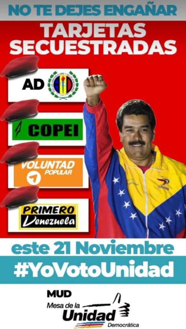 MagalyRPS's tweet photo. Los alacranes se disfrazan de blanco para ganar votos, pero aquí todos sabemos quienes son realmente: unos cómplices del régimen que secuestraron nuestra tarjeta.

¡El 21N #ADecoVotaPorLaUnidad porque aquí seguimos dando la cara por una Venezuela libre y de los venezolanos! https://t.co/UnUy8SO87Q