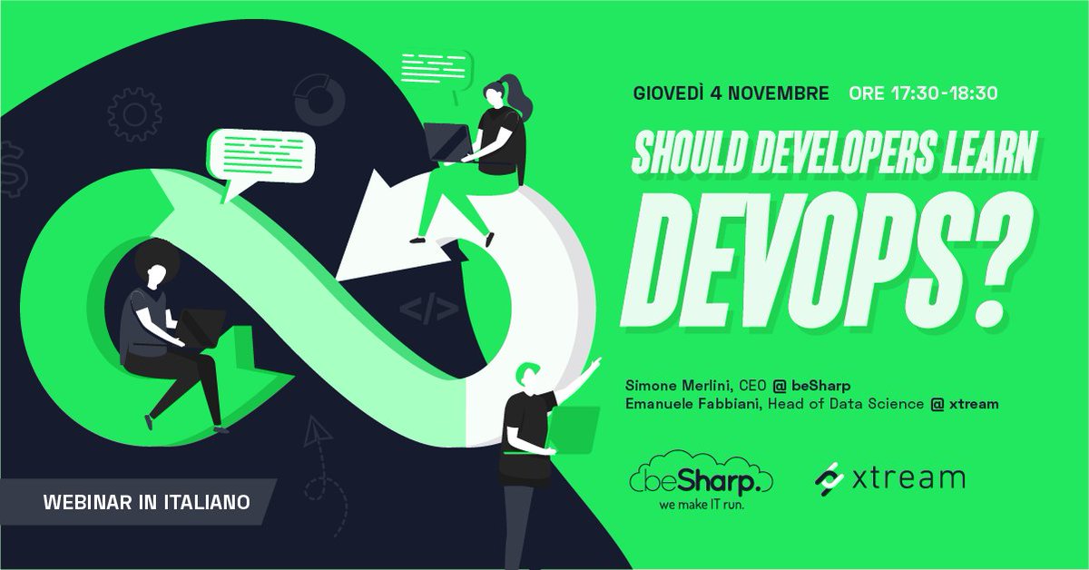 beSharp_spa's tweet photo. 🎬  "Should developers learn #DevOps?" - Live
📅  Giovedì 4 Novembre ore 17:30
🗣🗣 Emanuele Fabbiani di xtream &amp; @CloudSimo di beSharp

Segui l'evento su https://t.co/bi4Xuo67K8 https://t.co/NDER6E8dCT