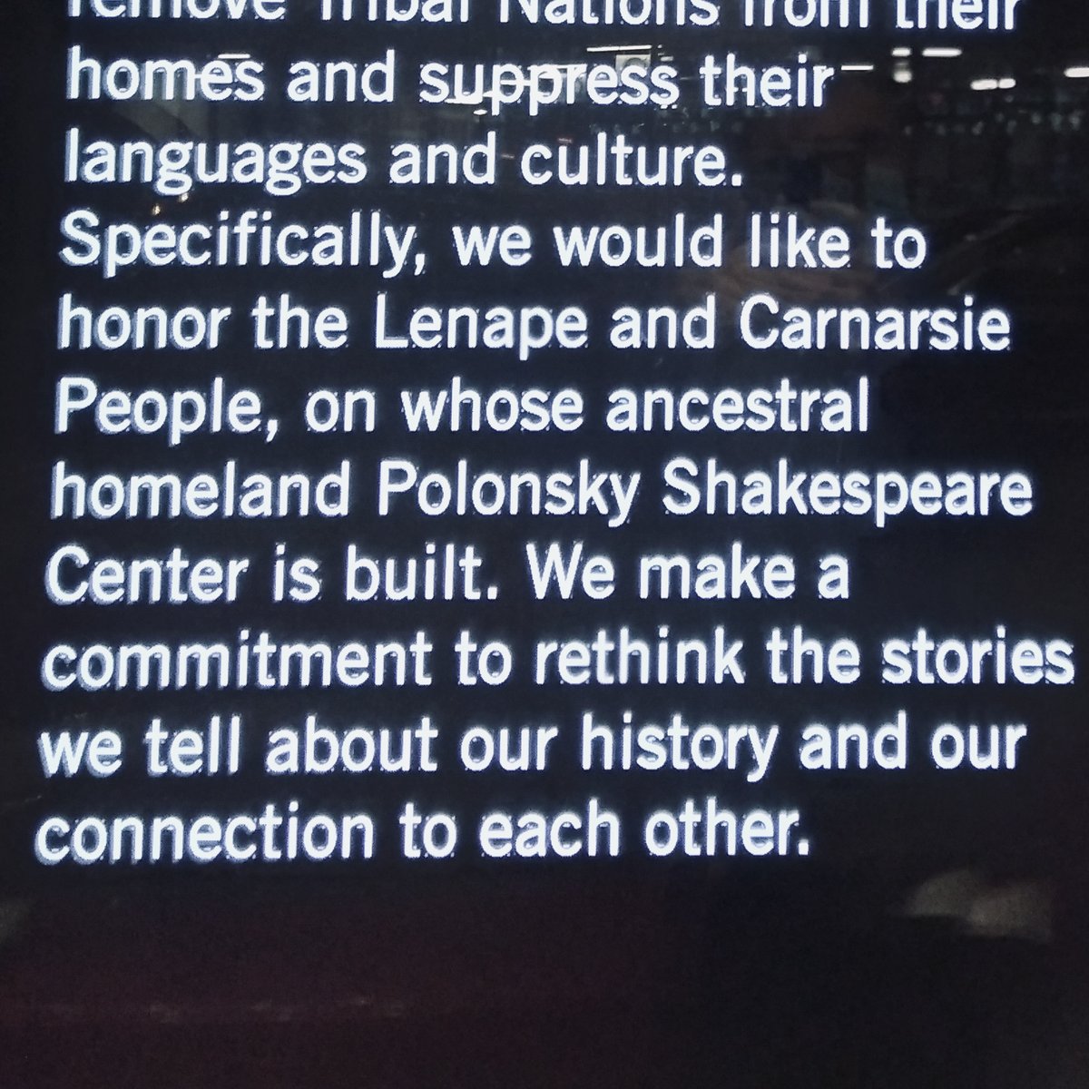 SaintFlashlight's tweet photo. Be sure to read the LAND ACKNOWLEDGEMENT in @TheatreforaNewA's windows next time you're in Fort Greene. #NativeAmericanHeritageMonth #TFANA https://t.co/JivQwuThtS