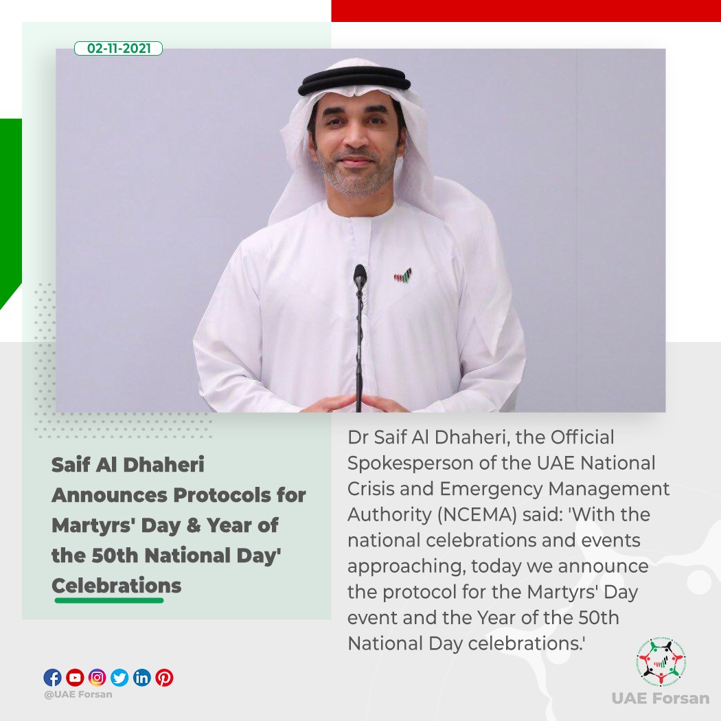 UAE_Forsan's tweet photo. Saif Al Dhaheri Announces Protocols for Martyrs' Day & Year of the 50th National Day' Celebrations
#COVID19
#we_commit_until_we_succeed
@mohapuae
@NCEMAUAE https://t.co/KKQQVnmaF0