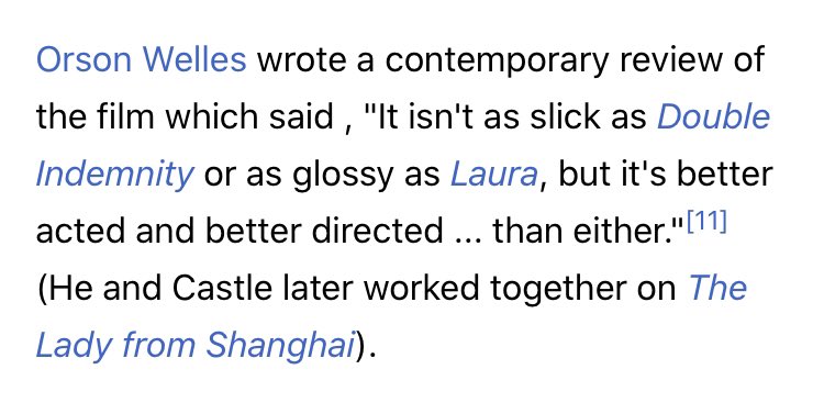 FilmFan1971's tweet photo. Finally, it turns out Orson Welles was a fan. Here’s what he wrote about it. Unforgivable slights on both Double Indemnity and Laura here. Maybe he was trying to get into Castle’s good books? It evidently worked, if so. #Noirvember #WhenStrangersMarry https://t.co/DiVIfmGqqR