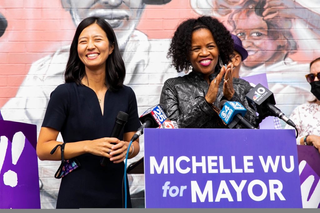 Kim_Janey's tweet photo. Hey Boston! I’m so proud to support my sister in-service, @wutrain, as our city’s next mayor! Michelle understands the importance of equity and inclusion and will bring residents together to solve our toughest problems! Please get out and vote! #bosmayor #bospoli https://t.co/lHuSFkSNqf