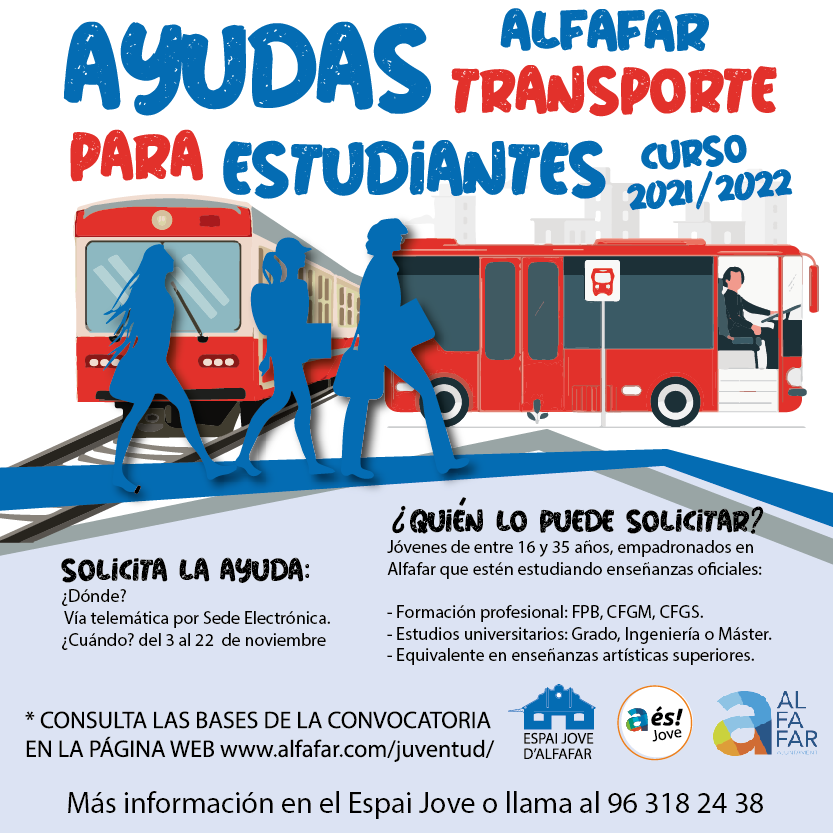 🚌 Ayudas al transporte para estudiantes 🚌
Si tienes entre 16 y 35 años, eres de Alfafar y estás estudiando enseñanzas oficiales.
🗓  Inscripción 3 a 22 de noviembre
ℹ️  Más información en alfafar.com/juventud, en l'Espai Jove y en el 96 318 24 38

#AlfafarCiutatDePersones