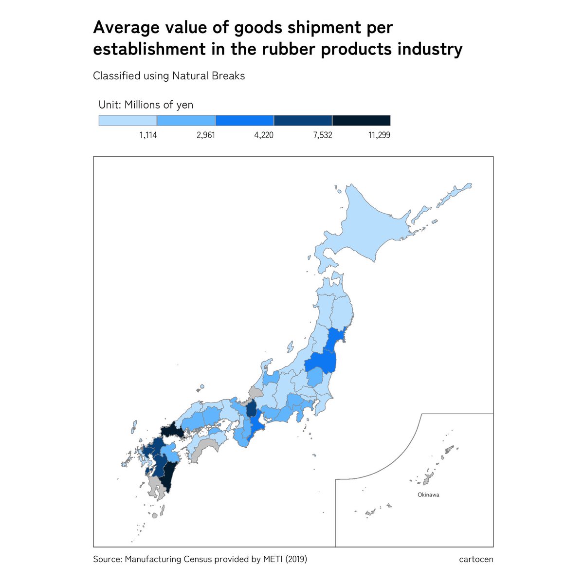 cartocen's tweet photo. Average value of goods per firm in the rubber products industry

#maps #DataViz #DataScience #rstats #地図 #地理 https://t.co/p3qMApOThI