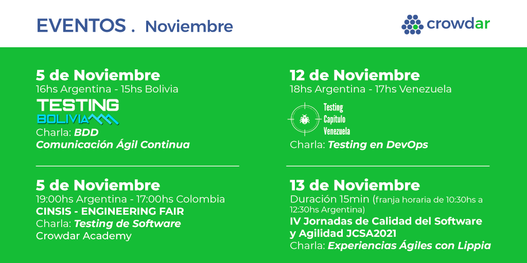 crowdarinfo's tweet photo. Mirá nuestra agenda de eventos de noviembre.
Quedate atento a nuestras publicaciones, donde te contaremos cómo acceder o inscribirte.
¡Te esperamos!

#testing #eventos https://t.co/yriHs2k2sZ