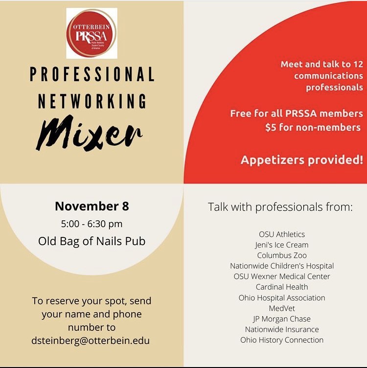 Otterbein’s award-winning PRSSA chapter is hosting a networking opportunity November 8 at the Old Bag of Nails Pub. It’s a great opportunity for students to meet with public relations professionals in a variety of organizations.