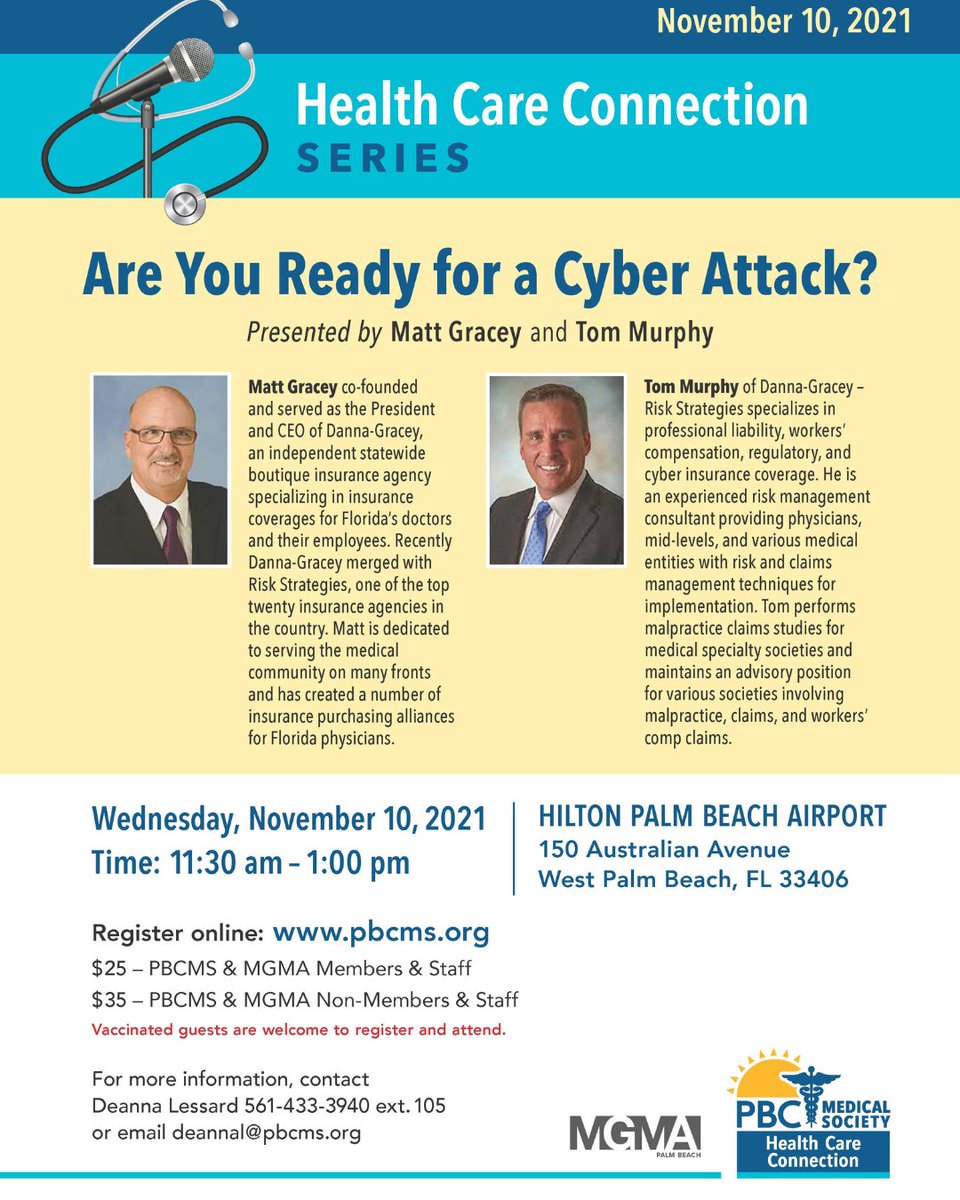 PBCMS's tweet photo. Living in the #AgeofTechnology even medical professionals have to be aware of the risks of cyber attacks in the industry. REGISTER NOW for next week's #HealthCareConnection Series https://t.co/7lFE88CQH5 https://t.co/ZZnupDeM3v