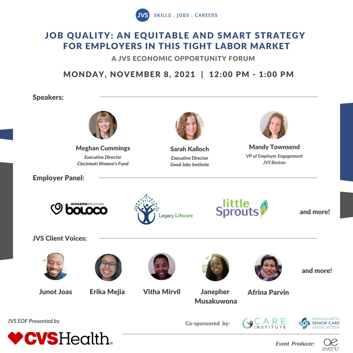 JVSBoston's tweet photo. Our next #JVSEOF is less than a week away! Register now & join us on 11/08 for a discussion on job quality, being an employer of choice & more: https://t.co/uccSDSqCp4
@meghancummings @GrCinciFdn @sarahkalloch @GoodJobsInst @boloco @littlesprouts @MASeniorCare @CVSHealth
#wkdev https://t.co/mi6aZNHKkS
